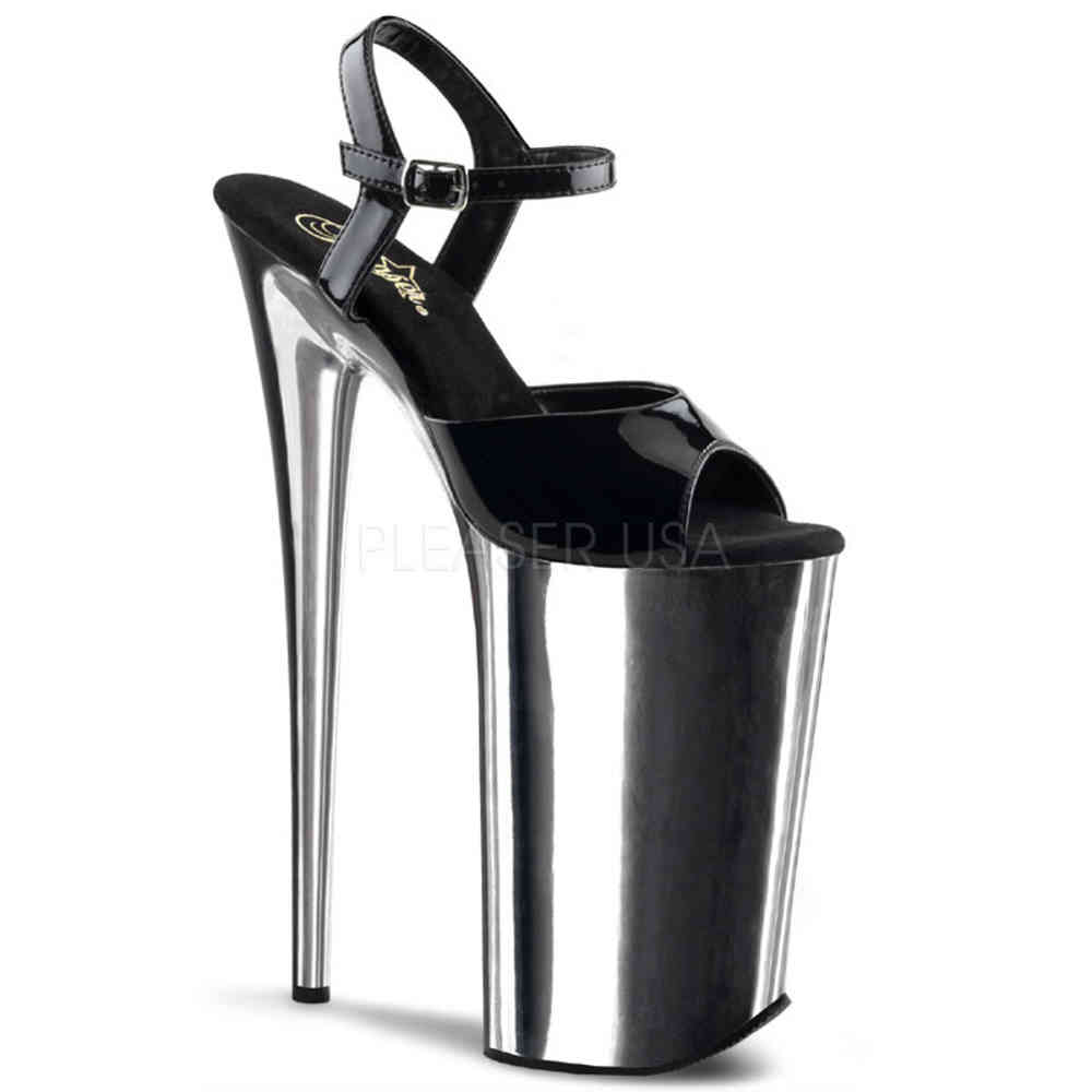 Pleaser - BEYOND-009 Sandale à bride à la cheville, Pole dance chaussures - Chaussures de pole dance - Noir/Couleur argent